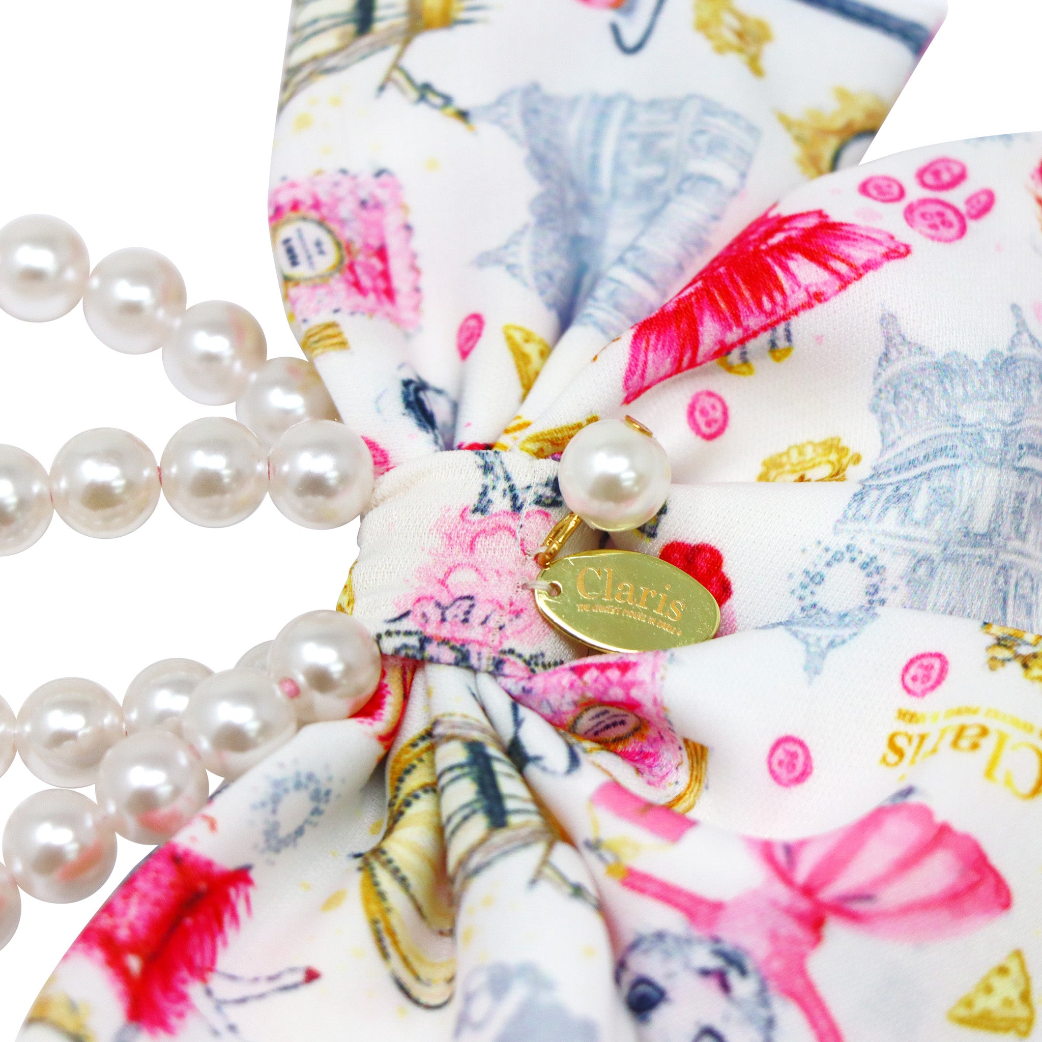 Claris: The Chicest Mouse In Paris™ Fashion Print and Pearl Hair Elastic with Bow - Pink Poppy Australia