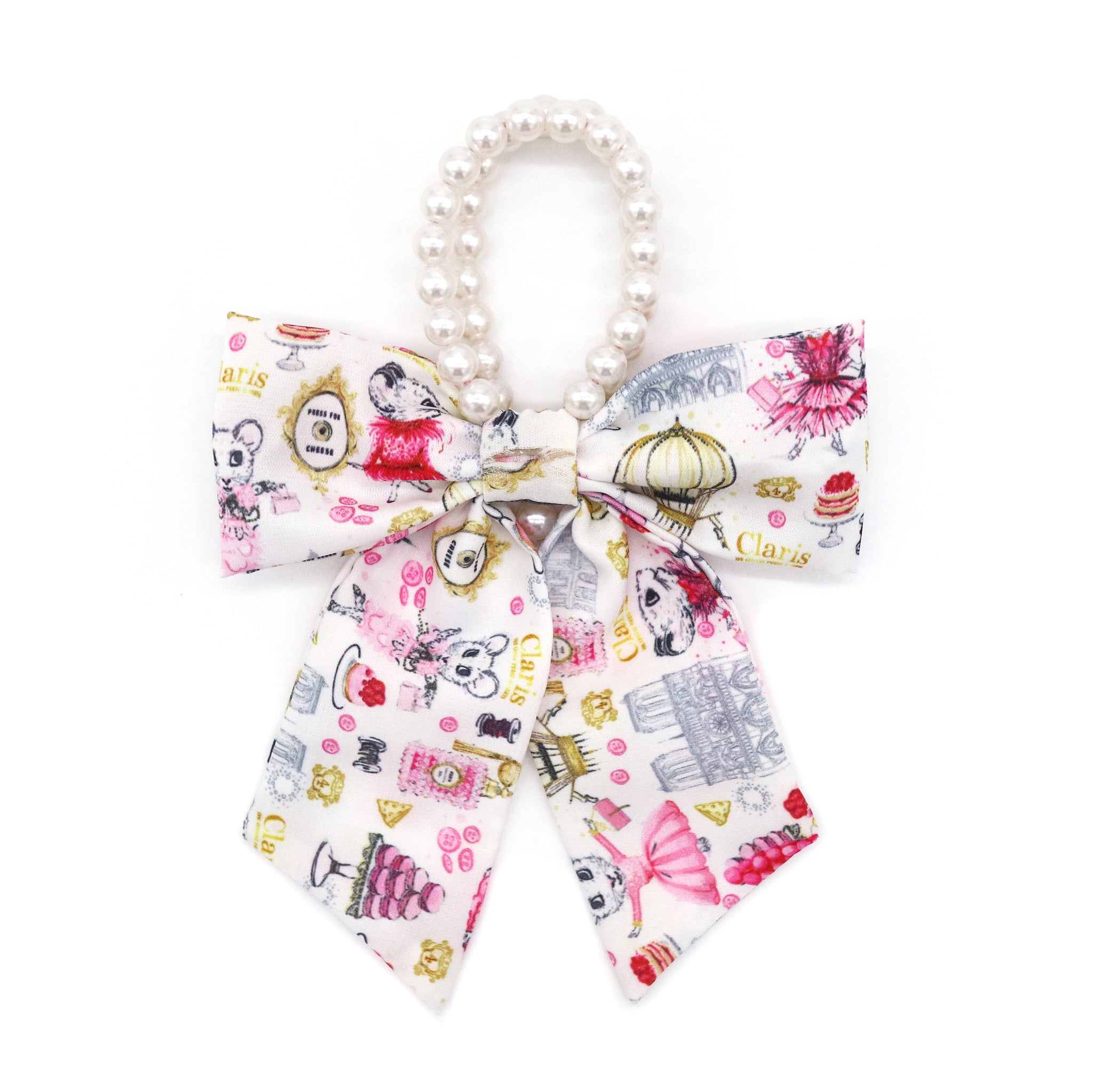 Claris: The Chicest Mouse In Paris™ Fashion Print and Pearl Hair Elastic with Bow - Pink Poppy Australia