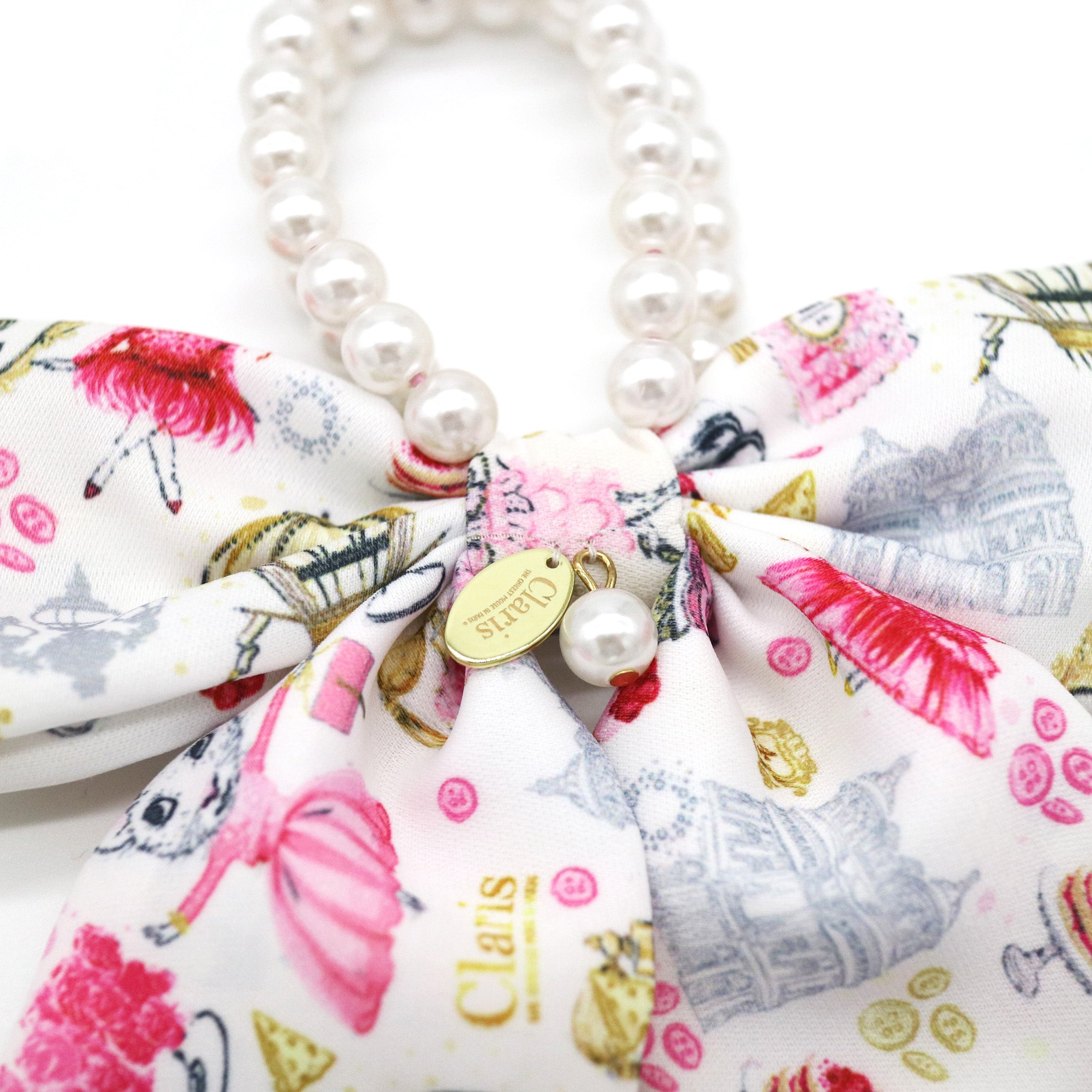 Claris: The Chicest Mouse In Paris™ Fashion Print and Pearl Hair Elastic with Bow - Pink Poppy Australia