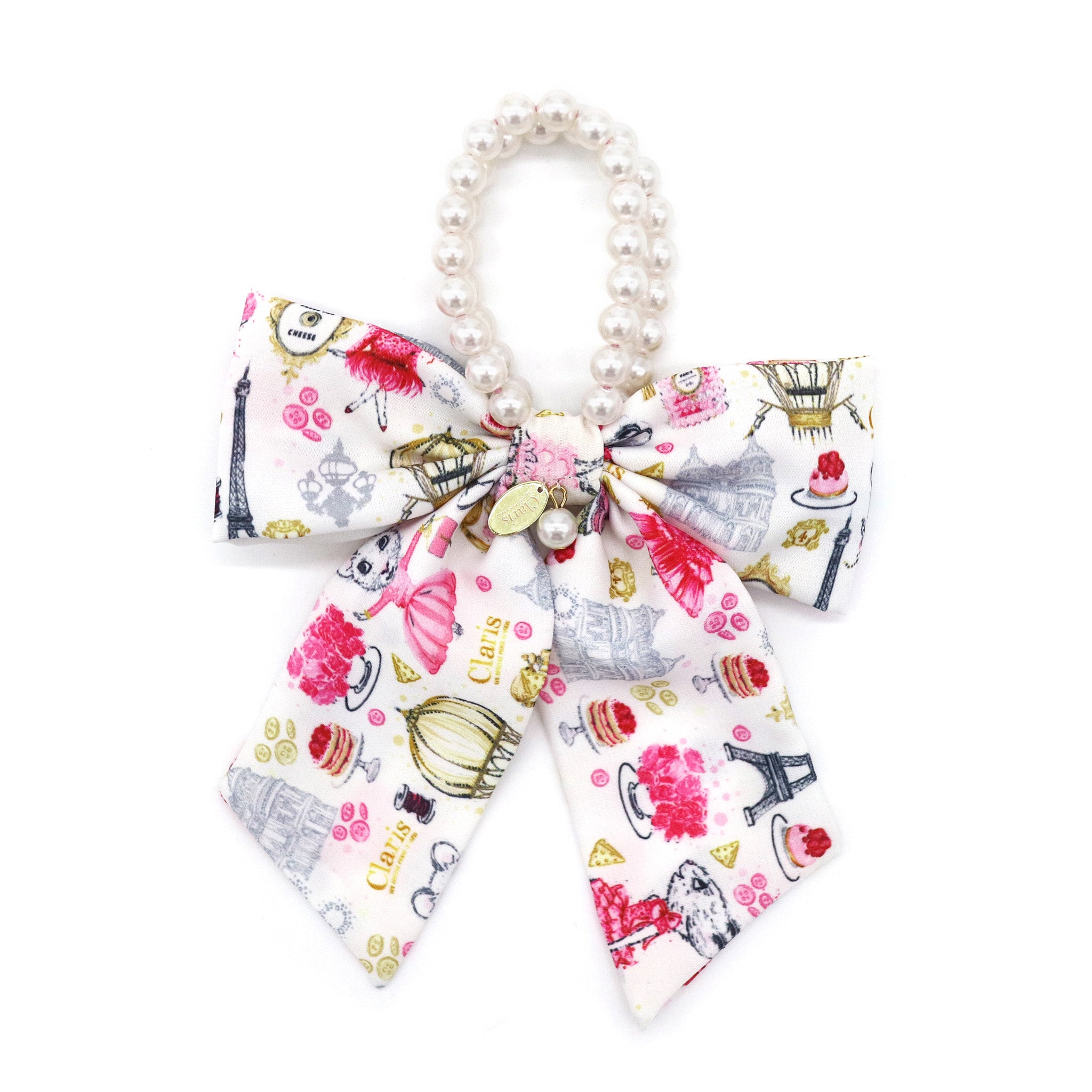 Claris: The Chicest Mouse In Parisβ’ Fashion Print and Pearl Hair Elastic with Bow - Pink Poppy Australia