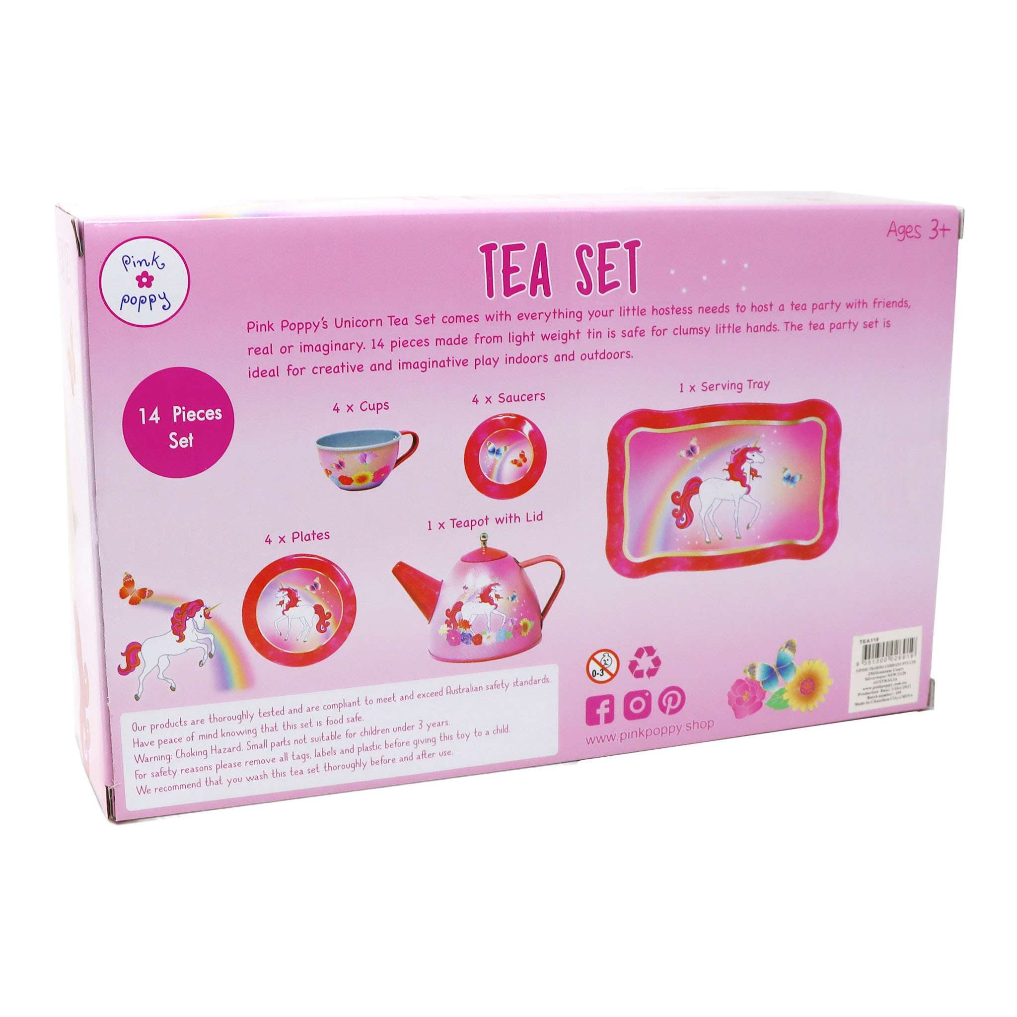 Unicorn Butterfly 14 Piece Kids Play Pretend Tin Tea Set - Pink Poppy Australia