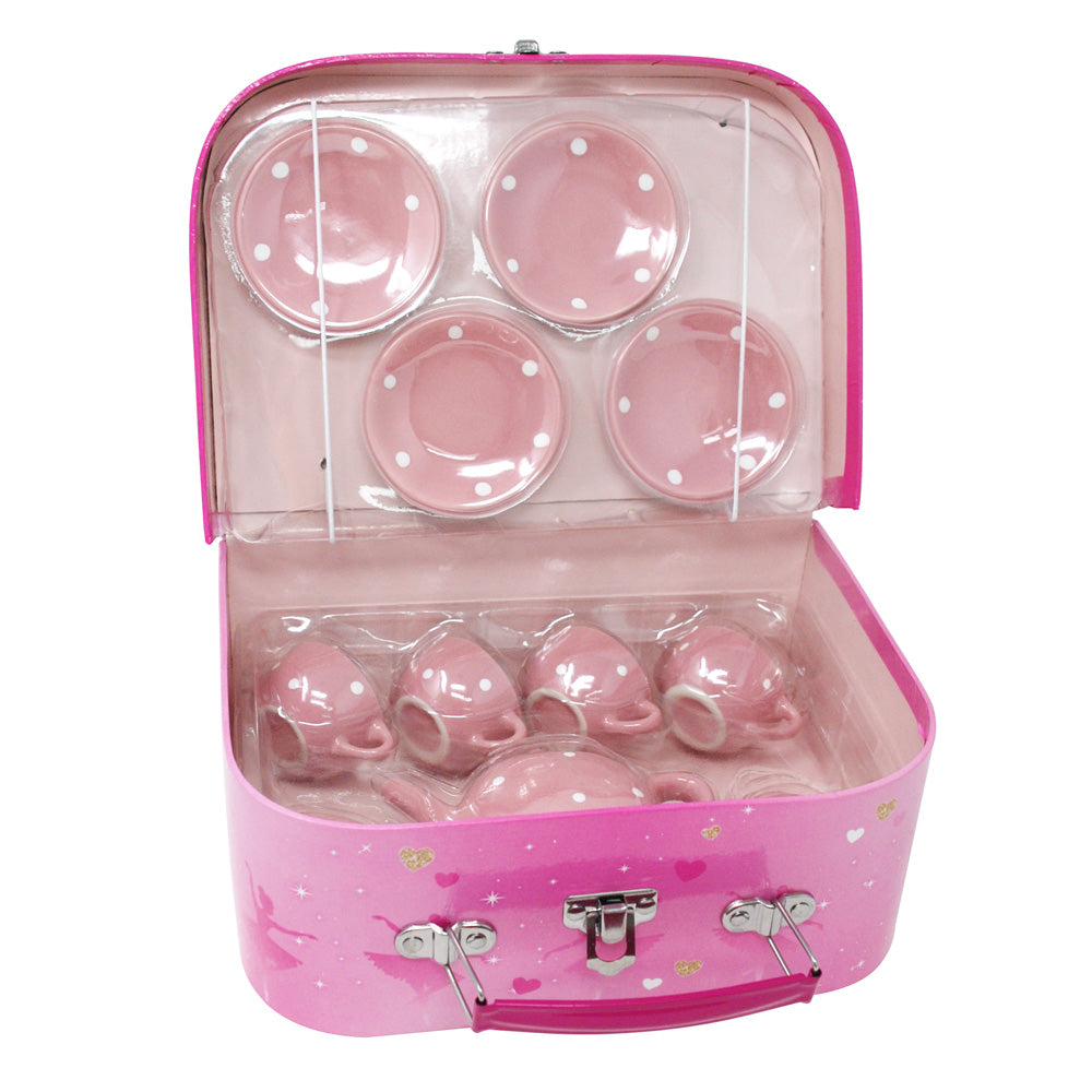 Pirouette Ballerina Princess Porcelain 12 Piece Kids Pretend Tea Set & Carry Case - Pink Poppy
