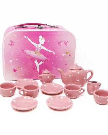 Pirouette Ballerina Princess Porcelain 12 Piece Kids Pretend Tea Set & Carry Case - Pink Poppy